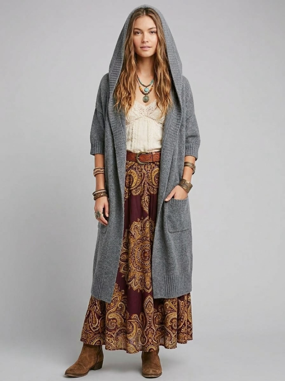 Vince Wool Long Line Hooded Open Cardigan Goblincore Earthy Boho Hobbit Cozycore
